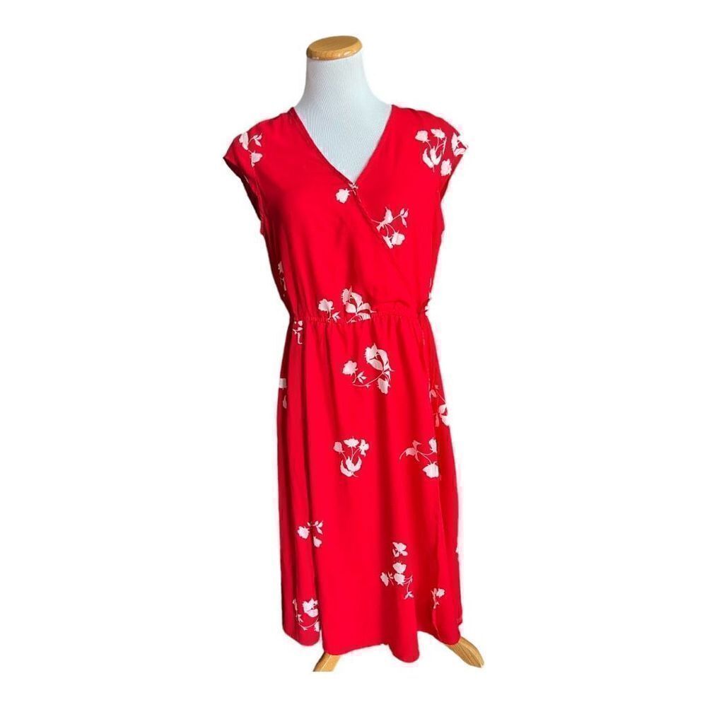 Womens City Streets Red Floral Faux Wrap A-Line Dress - Sz L